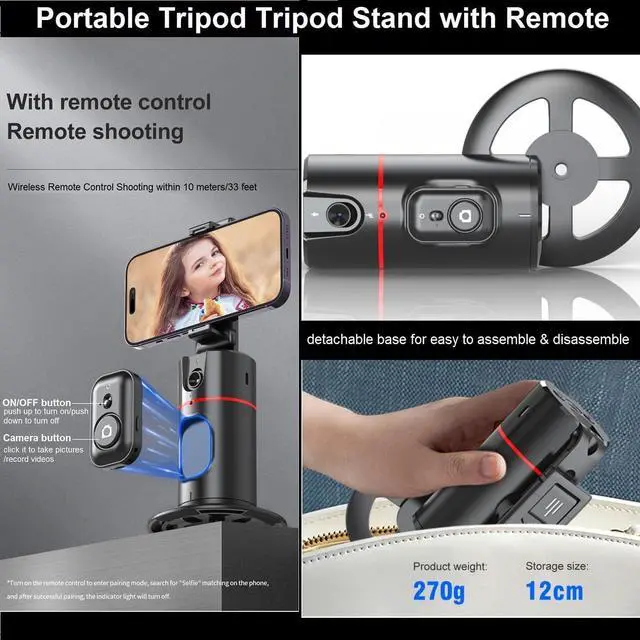 Alt view image 6 of 6 - Auto Face Tracking Tripod 360° Rotation - Auto Tracking Phone Holder with Remote, Smart Shooting Phone Stand Moving Tripod for iPhone Content Creator Essentials for Video Vlog Live Stream, No App