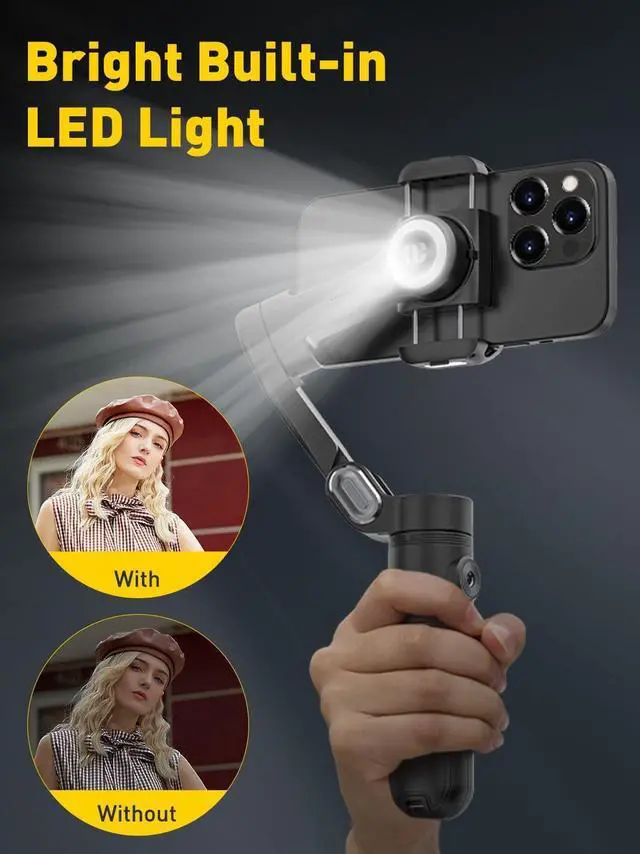 Alt view image 2 of 7 - 3-Axis Gimbal Stabilizer for iPhone 15/14/13 Pro Max Android,Foldable Smartphone Gimbal w/Built-in Fill Light,1/4 Thread,Professional Anti-Shake Video Record for TikTok YouTube(Smart X Black)