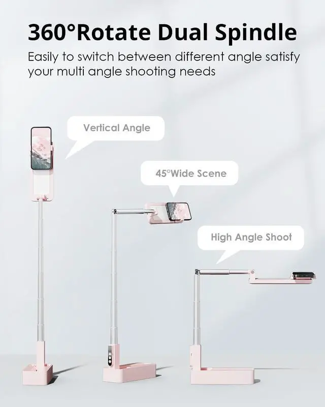 Alt view image 4 of 7 - Phone Stand for Recording, Overhead Mount with Light, Selfie Stand,Portable,Extendable,360° Rotate,Adjustable,Wireless Remote,Rechargeable, 3.5-6.9" Phones, Live Streaming  Pink -
