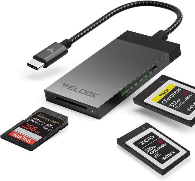 Main image of 3-in-1 CFexpress/XQD/SD 4.0 UHS-II Card Reader USB C, VELOGK Dual-Slot USB 3.2(10Gbps) CFexpress Type B Card Reader Adapter for Android/Windows/Mac OS/Linux, with Brushed Aluminum Case&Portable Pouch