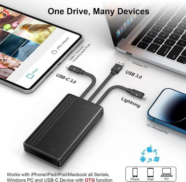 Alt view image 2 of 7 - MFi Certified 1TB Portable External Hard Drive for iPhone iPad MacBook Windows Computer USB C Android Phones to Backup,1TB Photo Stick for iPhone