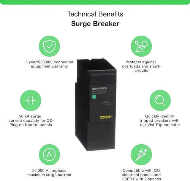 Alt view image 2 of 6 - Square D - QO250PSPD QO Whole House Surge Protection Device, 50kA, 120/240V, 1-Phase, No Wiring, Plug-On Neutral