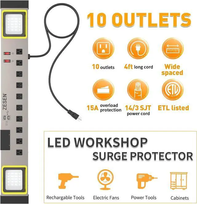 Alt view image 2 of 7 - 10-Outlet Power Strip with LED Worklight Surge Protector 4ft Cord with Dual Smart USB, Workshop/Garage/Office/Home, ETL Listed