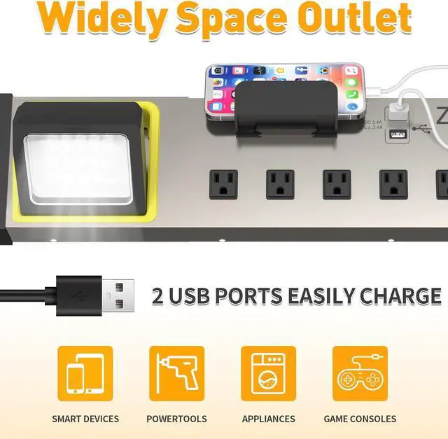 Alt view image 3 of 7 - 10-Outlet Power Strip with LED Worklight Surge Protector 4ft Cord with Dual Smart USB, Workshop/Garage/Office/Home, ETL Listed