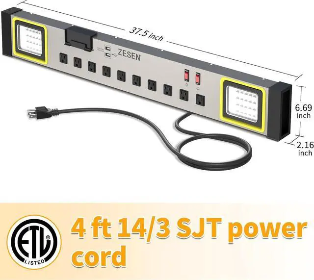Alt view image 4 of 7 - 10-Outlet Power Strip with LED Worklight Surge Protector 4ft Cord with Dual Smart USB, Workshop/Garage/Office/Home, ETL Listed