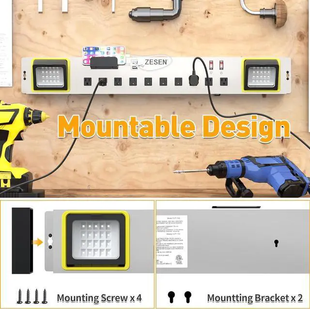Alt view image 5 of 7 - 10-Outlet Power Strip with LED Worklight Surge Protector 4ft Cord with Dual Smart USB, Workshop/Garage/Office/Home, ETL Listed