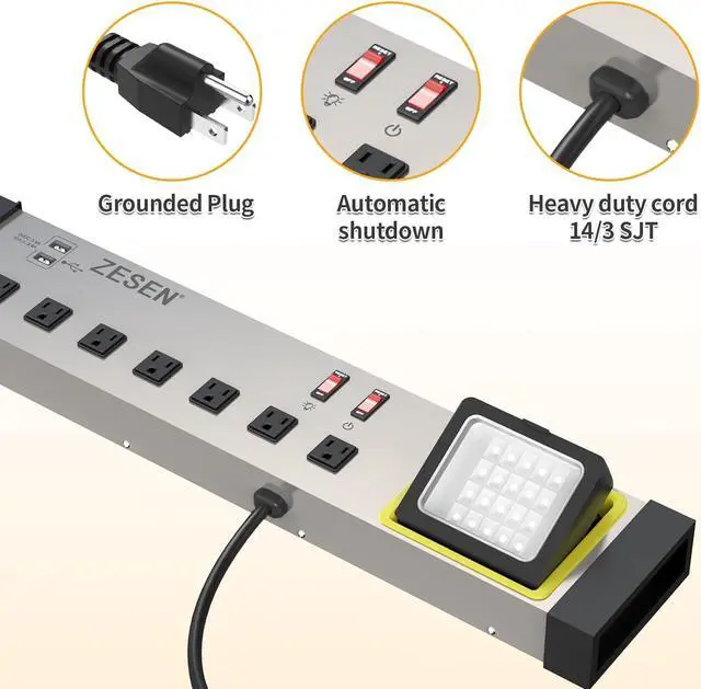 Alt view image 6 of 7 - 10-Outlet Power Strip with LED Worklight Surge Protector 4ft Cord with Dual Smart USB, Workshop/Garage/Office/Home, ETL Listed