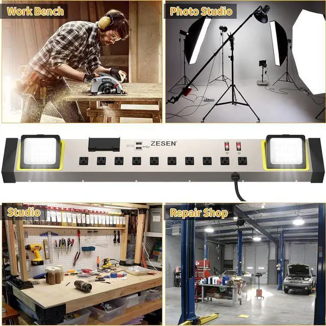 Alt view image 7 of 7 - 10-Outlet Power Strip with LED Worklight Surge Protector 4ft Cord with Dual Smart USB, Workshop/Garage/Office/Home, ETL Listed