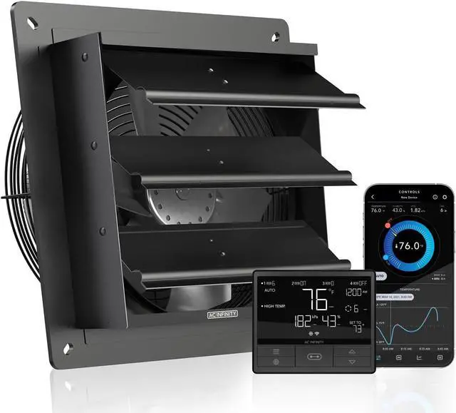 Main image of AIRLIFT T10, Shutter Exhaust Fan 10" with Wi Temperature Humidity Controller, EC-Motor Wall Mount Ventilation and Cooling for Sheds, Attics, Workshops, and Greenhouses