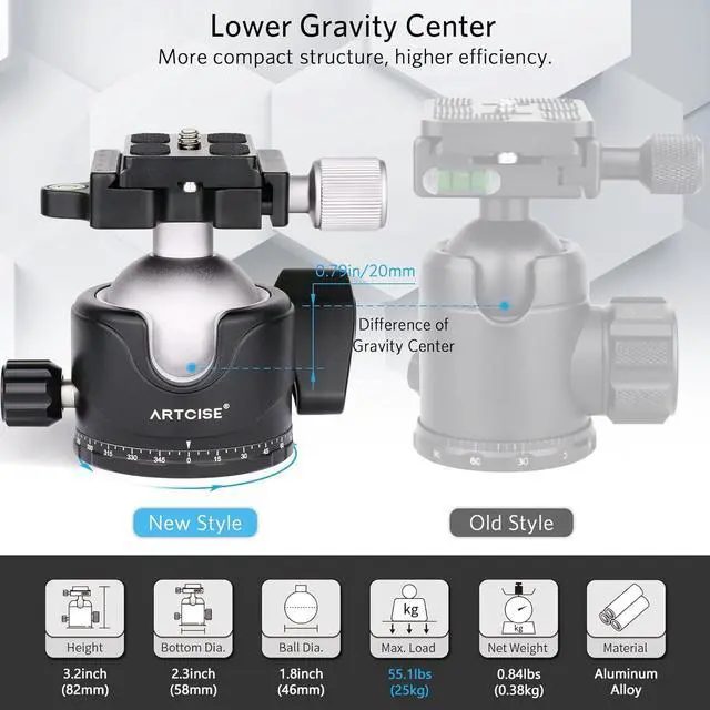 Alt view image 3 of 7 - 46mm Low Profile Tripod Head with 3 Screw Adapter 3/8 to 1/4 Professional Aluminium 360 Rotating Panoramic Ball Head Max Loading 20kg