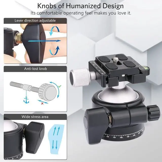 Alt view image 4 of 7 - 46mm Low Profile Tripod Head with 3 Screw Adapter 3/8 to 1/4 Professional Aluminium 360 Rotating Panoramic Ball Head Max Loading 20kg