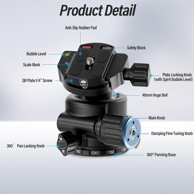 Alt view image 4 of 7 - AM-40 Low Profile Ball Head, Professional Heavy Duty 40mm Tripod Ball Head, 360° Panoramic CNC Aluminium Alloy Tripod Head for DSLR Camera, Camcorder, Quick Release Plate, Max Load 88lbs/40KG