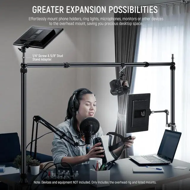 Alt view image 2 of 7 - Overhead Camera Mount Rig with 2 Ball Heads, Super Clamp/Mobile Phone Holder/Camera Desk Mount, Multi Device Mount, Platform Overhead Tripod, Adjustable Height Width, Max Load 12 kg, NK002