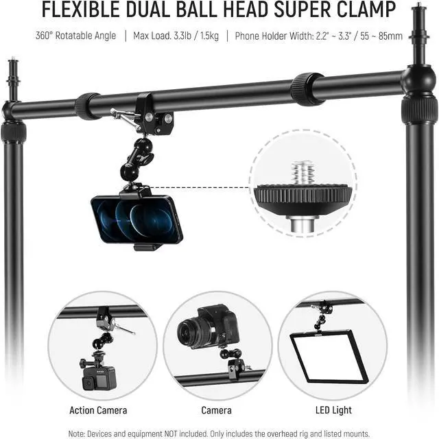Alt view image 4 of 7 - Overhead Camera Mount Rig with 2 Ball Heads, Super Clamp/Mobile Phone Holder/Camera Desk Mount, Multi Device Mount, Platform Overhead Tripod, Adjustable Height Width, Max Load 12 kg, NK002