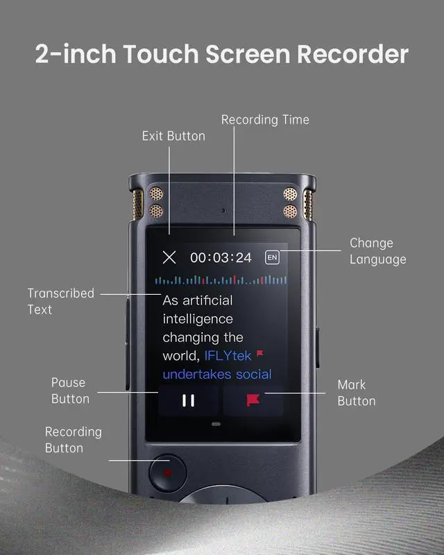 Alt view image 7 of 7 - Voice Recorder with Playback, Digital Voice Recording Device with Transcription to Text, 2-inch Touch Screen Recorder, Audio Recorder Zoom Recorder Device for Lectures, Conference, Interview