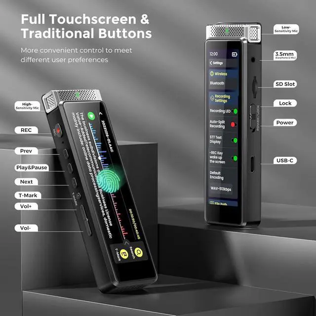 Alt view image 5 of 7 - 72GB Digital Voice Recorder with Playback, Innioasis R1 Full Touchscreen Voice Recorder with AI Intelligent Transcription and Bluetooth, Voice Activated Sound Audio Recorder Device with Mic (Black)