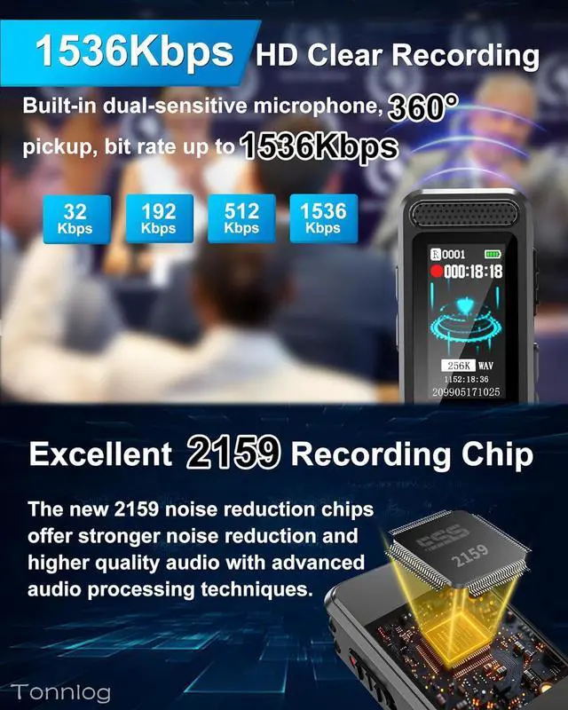 Alt view image 2 of 7 - 128GB Mini Digital Voice Recorder with 2159 Professional Noise Reduction and up to 1536kbps Lossless Sound Quality, Voice Activated Recorder with Playback, USB-C Audio Recorder for Lectures Meetings