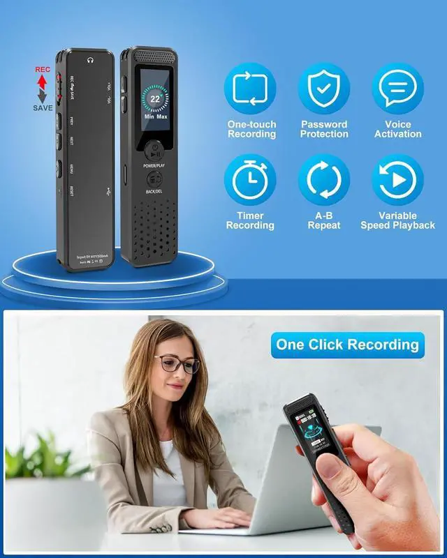 Alt view image 5 of 7 - 128GB Mini Digital Voice Recorder with 2159 Professional Noise Reduction and up to 1536kbps Lossless Sound Quality, Voice Activated Recorder with Playback, USB-C Audio Recorder for Lectures Meetings