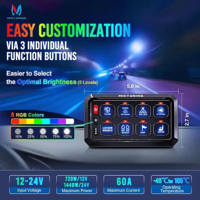 Alt view image 2 of 7 - P1s RGB 5 Inch 8 Gang Switch Panel, High Power 5-Level Brightness Multifunction Toggle Switch Momentary Circuit Control Relay System Box for Truck SUV Offroad Marine, 2-Year Warranty