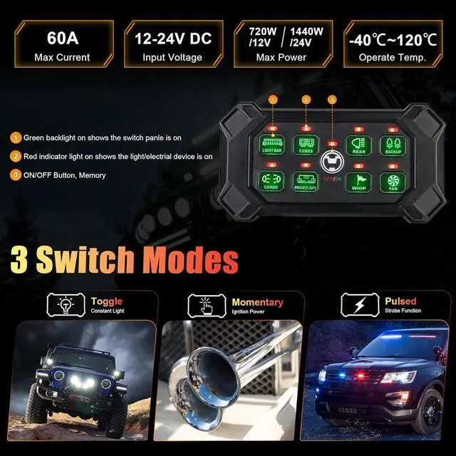Alt view image 3 of 7 - Wireless 8 Gang Switch Panel, Remote Control Switch Pod with Toggle Momentary Pulsed Waterproof Universal Circuit Control Relay System Box for Off Road Truck Jeep Boat SUV UTV ATV Camper