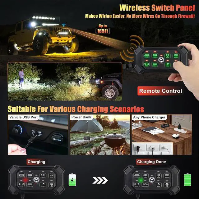 Alt view image 2 of 7 - Wireless 8 Gang Switch Panel, Remote Control Switch Pod with Toggle Momentary Pulsed Waterproof Universal Circuit Control Relay System Box for Off Road Truck Jeep Boat SUV UTV ATV Camper