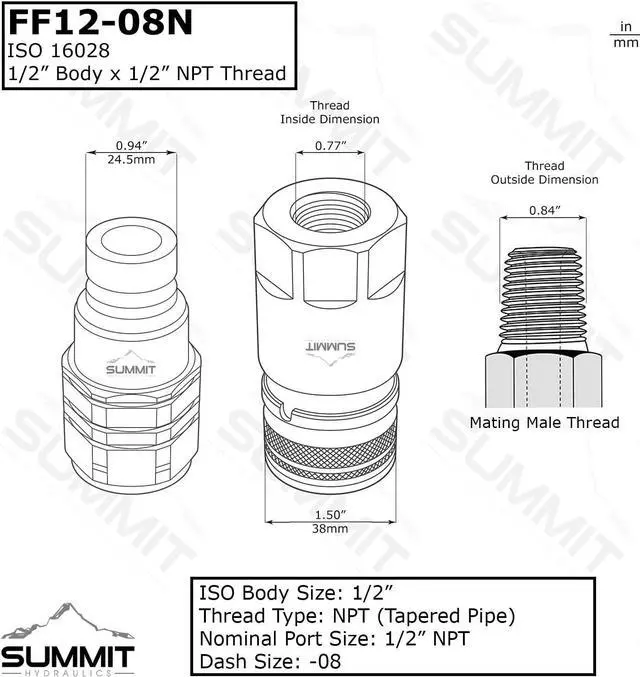 Alt view image 2 of 7 - 1/2" Skid Steer Flat Face Hydraulic Quick Connect Couplers/Couplings Set w/Dust Caps, 2 Sets