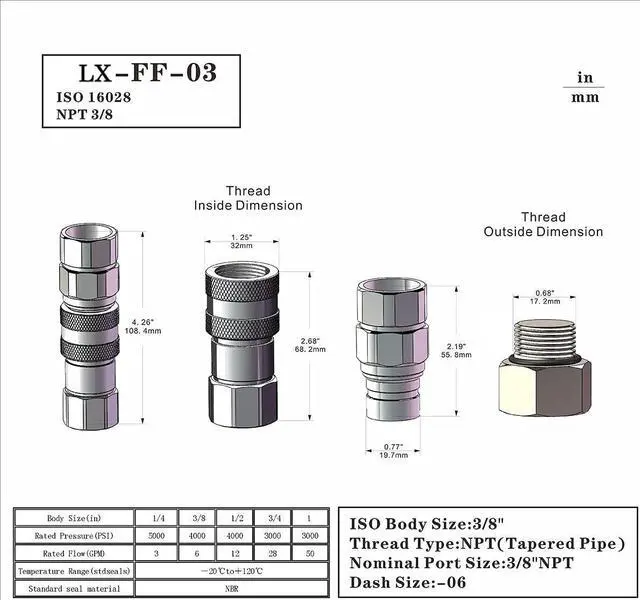 Alt view image 5 of 7 - High Flow Skid Steer Hydraulic Quick Connect Coupler Hydraulic Coupling Quick Disconnect Couplers Set 5/8" Body ISO16 x 3/4" NPT ISO16028 w/Dust Caps