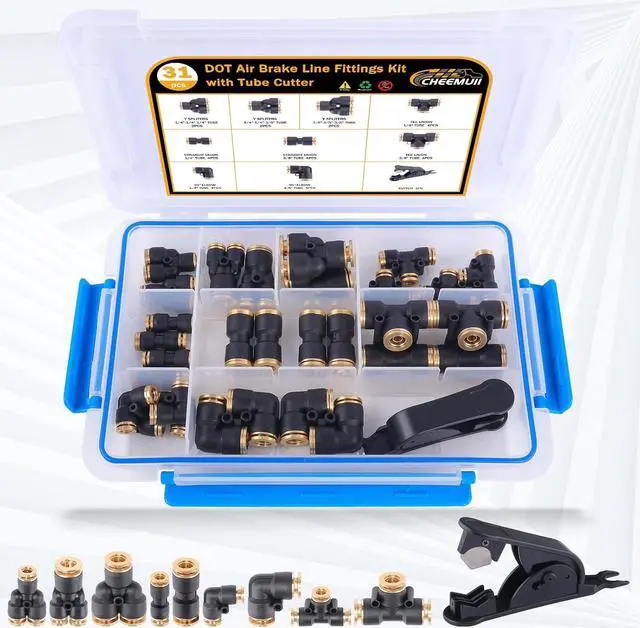 Alt view image 2 of 7 - 43 PCS Brass DOT Air Brake Line Fittings 1/4" 3/8" 1/2" Push to Connect Fittings Quick Connect & NPT Thread Tube Air Hose Fittings Repair Kit for Truck or Industrial Air System