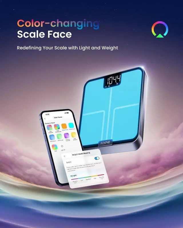 Alt view image 2 of 7 - Smart Scale with RBG Lighting Platform, FSA HSA Store Eligible, Bluetooth Scale for Body Weight, Body Fat, BMI, Muscle Mass, Rechargeable, Elis Chroma