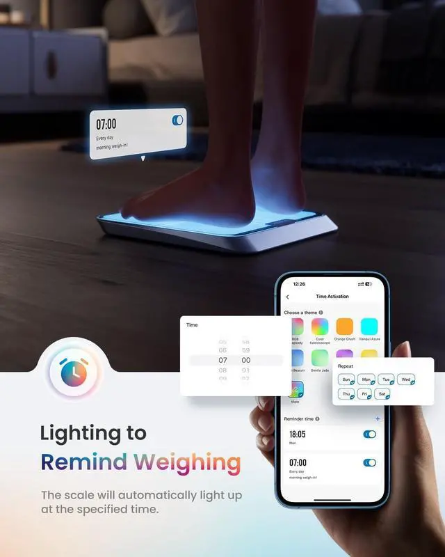 Alt view image 3 of 7 - Smart Scale with RBG Lighting Platform, FSA HSA Store Eligible, Bluetooth Scale for Body Weight, Body Fat, BMI, Muscle Mass, Rechargeable, Elis Chroma