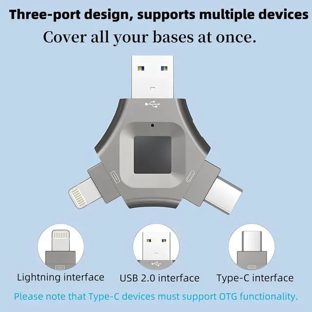 Alt view image 3 of 7 - Fingerprint 256GB USB 3.0 Flash Drive for iPhone - High-Speed Secure Thumb Drive with Fingerprint Encryption, Portable Metal Case