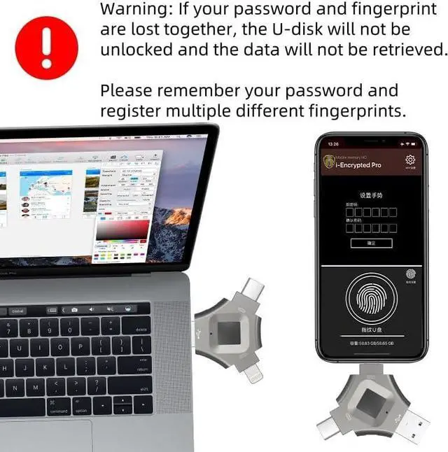 Alt view image 5 of 7 - Fingerprint 256GB USB 3.0 Flash Drive for iPhone - High-Speed Secure Thumb Drive with Fingerprint Encryption, Portable Metal Case