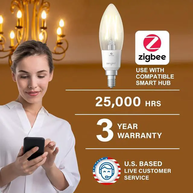 Alt view image 2 of 7 - Zigbee Smart Light Bulbs, Smart Hub Required, Work with SmartThings and Echo with Built-in Hub, Voice Control with Alexa and Google Home, Soft White B11 Candelabra Light Bulbs 40W Eqv. 4 Pack