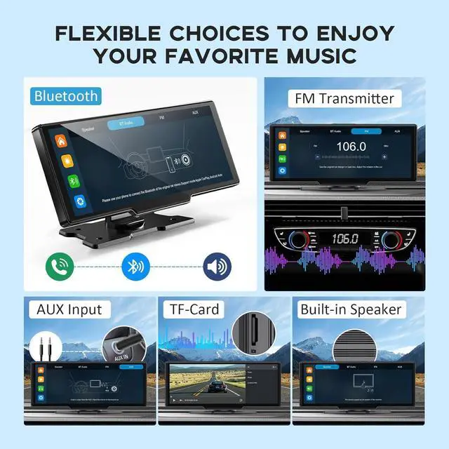 Alt view image 6 of 7 - Portable Carplay Screen for Car, 10.26" HD Car Tablet, Wireless Audio Receivers, IPS Carplay & Android Auto Touch Screen with 4K Dash Cam, GPS Navigation, Siri, AUX/FM, Mirror Link, Backup Camera