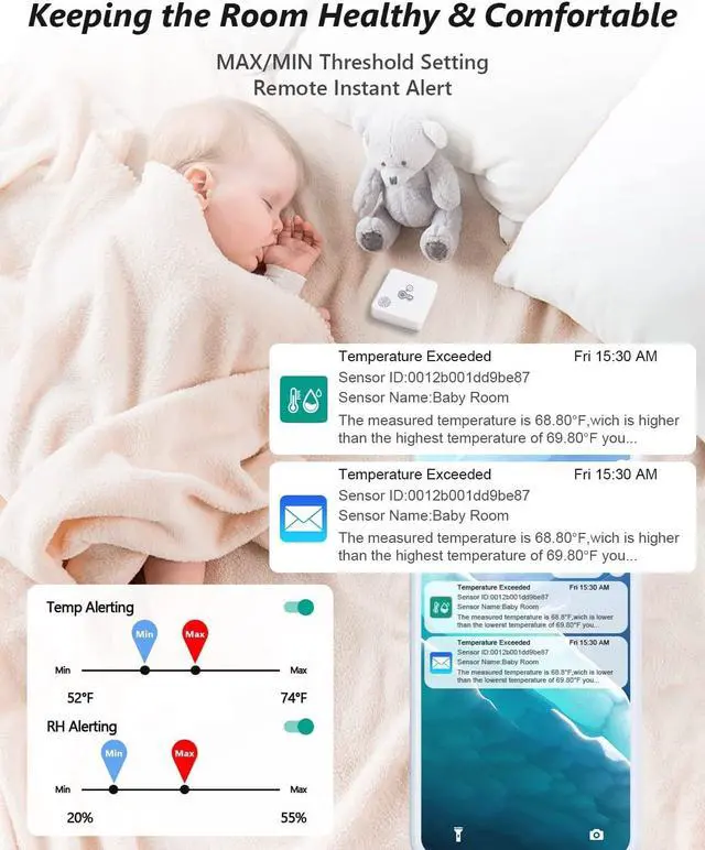 Alt view image 3 of 7 - WiFi Room Thermometer Hygrometer, Remote Email App Alert, 2 Years Data Export, 2 Years Battery, No Subscription, Smart Temperature Sensor for RV, Greenhouse, Vacation Home, HVAC (3 Pack)