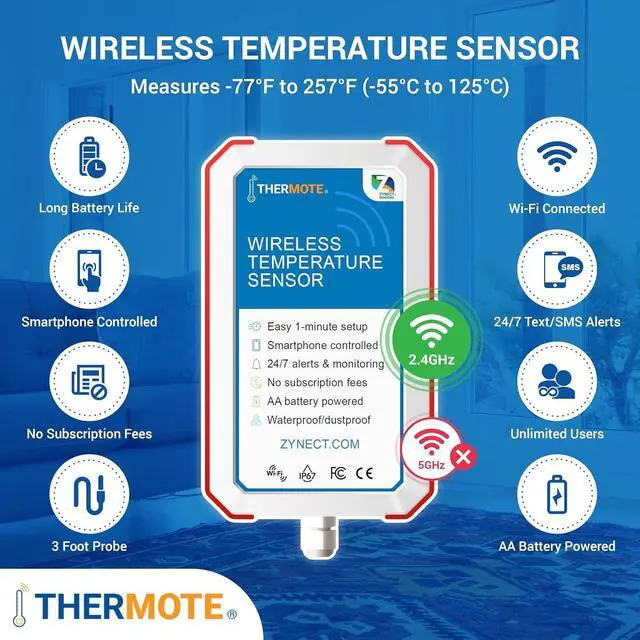 Alt view image 2 of 7 - Wireless Remote Temperature Sensor. WiFi Thermometer Temperature Monitor. 24/7 Text/email alerts. Monitoring and History. Water/Dust Proof. No Subscription/Monthly Fees. Made in USA.