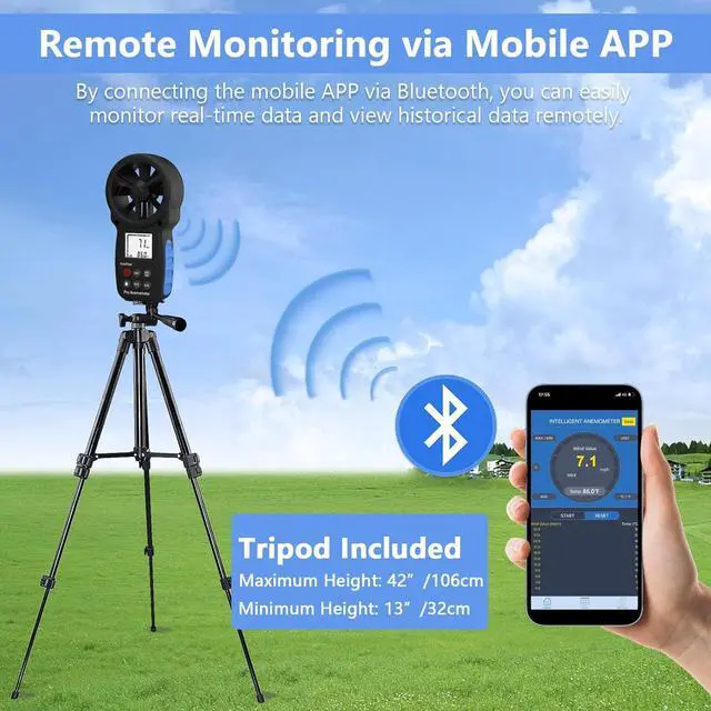 Alt view image 2 of 7 - Handheld Anemometer Bluetooth with Tripod, Digital Wind Speed Gauge Meter, Air Flow Velocity Temperature CFM Measuring Device for HVAC Outdoor Sailing Shooting Golf, 866B-APP