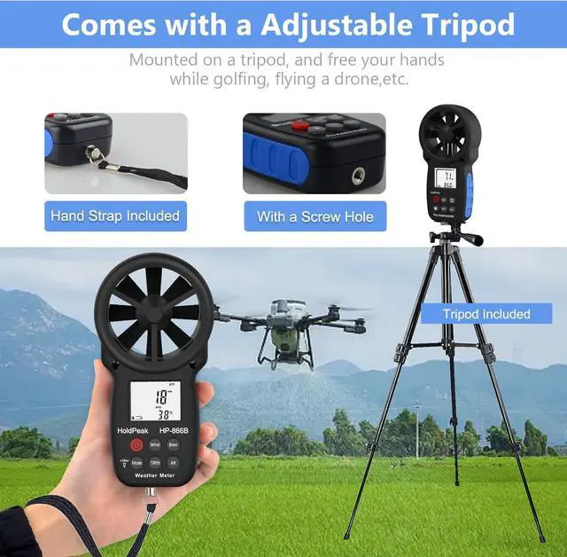 Alt view image 3 of 7 - Handheld Anemometer Bluetooth with Tripod, Digital Wind Speed Gauge Meter, Air Flow Velocity Temperature CFM Measuring Device for HVAC Outdoor Sailing Shooting Golf, 866B-APP