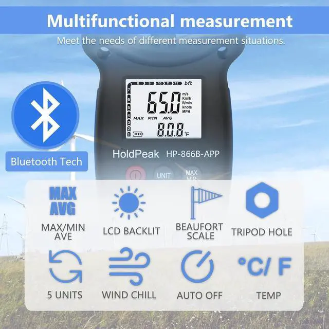 Alt view image 5 of 7 - Handheld Anemometer Bluetooth with Tripod, Digital Wind Speed Gauge Meter, Air Flow Velocity Temperature CFM Measuring Device for HVAC Outdoor Sailing Shooting Golf, 866B-APP