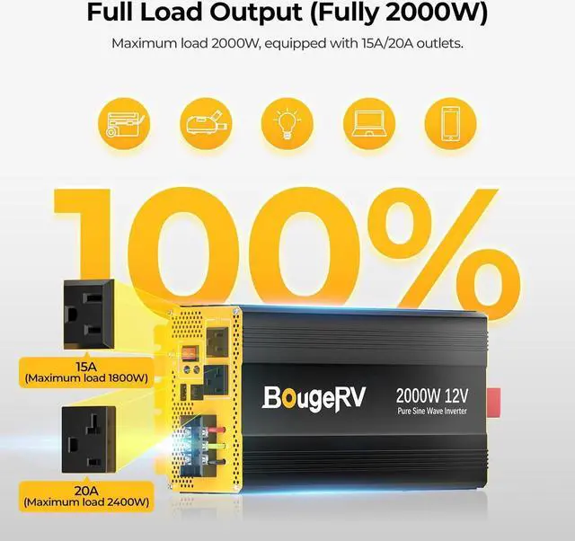 Alt view image 2 of 7 - 2000W Pure Sine Wave Inverter Convert 12V DC to 120V /110V AC, Fully 2000W Output, Built-in BT for  APP, Wired Remote Controller, Off-Grid Solar System, RV, Backup Power