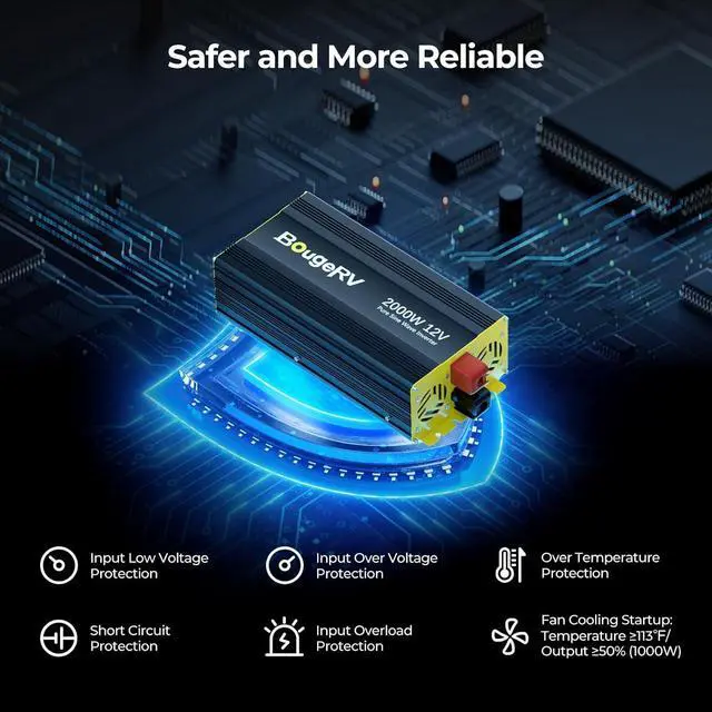 Alt view image 6 of 7 - 2000W Pure Sine Wave Inverter Convert 12V DC to 120V /110V AC, Fully 2000W Output, Built-in BT for  APP, Wired Remote Controller, Off-Grid Solar System, RV, Backup Power