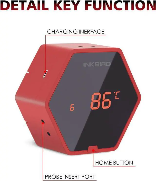 Alt view image 2 of 6 - Bluetooth BBQ Thermometer Wireless IBT-6XS, 6 Probes Digital Smoker Grill Thermometer for Cooking,150ft Bluetooth Meat Thermometer, Magnet, Timer, Alarm for Kitchen, Food (Red)