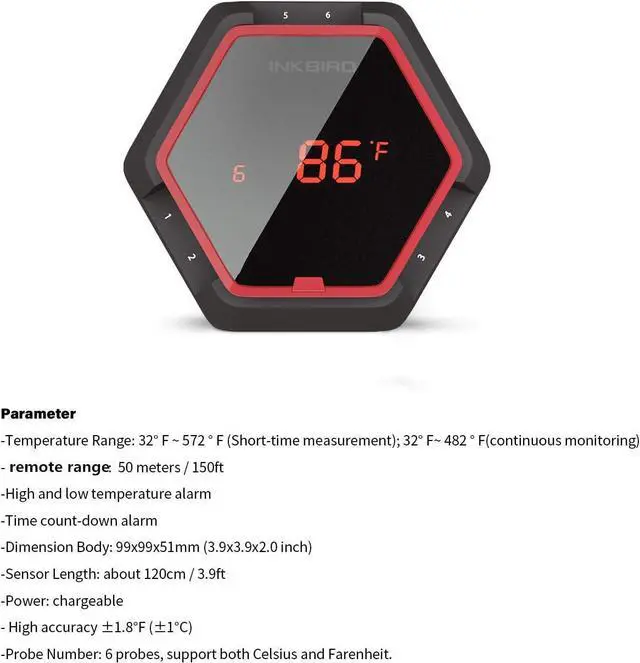 Alt view image 3 of 6 - Bluetooth BBQ Thermometer Wireless IBT-6XS, 6 Probes Digital Smoker Grill Thermometer for Cooking,150ft Bluetooth Meat Thermometer, Magnet, Timer, Alarm for Kitchen, Food (Red)