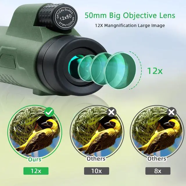 Alt view image 3 of 7 - 12x50 HD Monocular Telescope for Adults with Smartphone Adapter Tripod Hand Strap - High Power Monoculars Equipped with Large BAK4 Prism & FMC Lens -Suitable for Bird Watching Sports Hiking Traveling