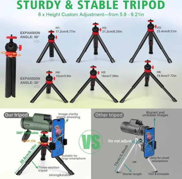 Alt view image 5 of 7 - 12x50 HD Monocular Telescope for Adults with Smartphone Adapter Tripod Hand Strap - High Power Monoculars Equipped with Large BAK4 Prism & FMC Lens -Suitable for Bird Watching Sports Hiking Traveling
