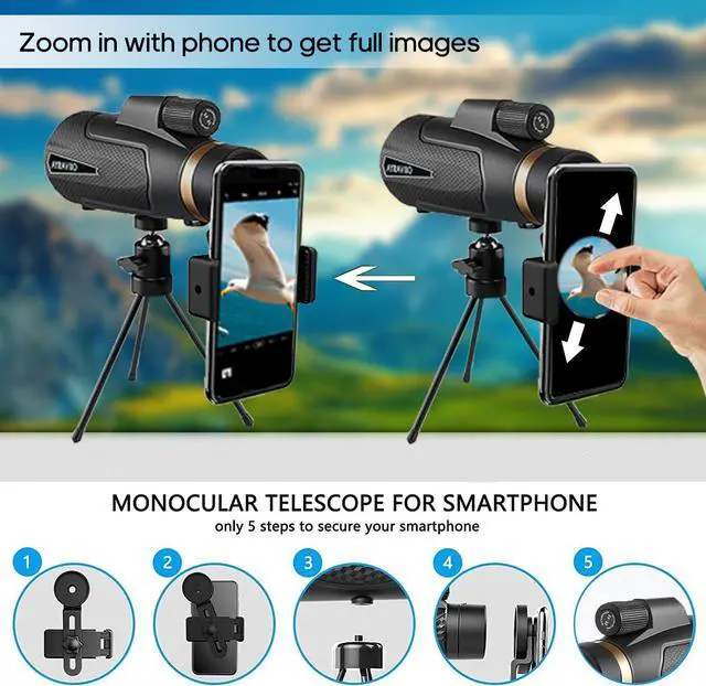 Alt view image 5 of 7 - 12×60 Monocular Telescope with Smartphone Holder & Upgraded Tripod, High Powered SMC & BAK4 Scope, Birthday Gifts for Men Dad Him Husband Teen, Outdoors Survival Hiking Gear