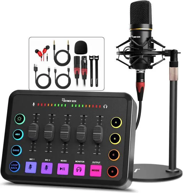 Main image of Podcast Equipment Bundle for 2, Audio Interface with XLR Condenser Microphone, and 3.5mm Mic,RGB, Bluetooth, Mute,48V Phantom Power for Streaming,Gaming,Recording-Black