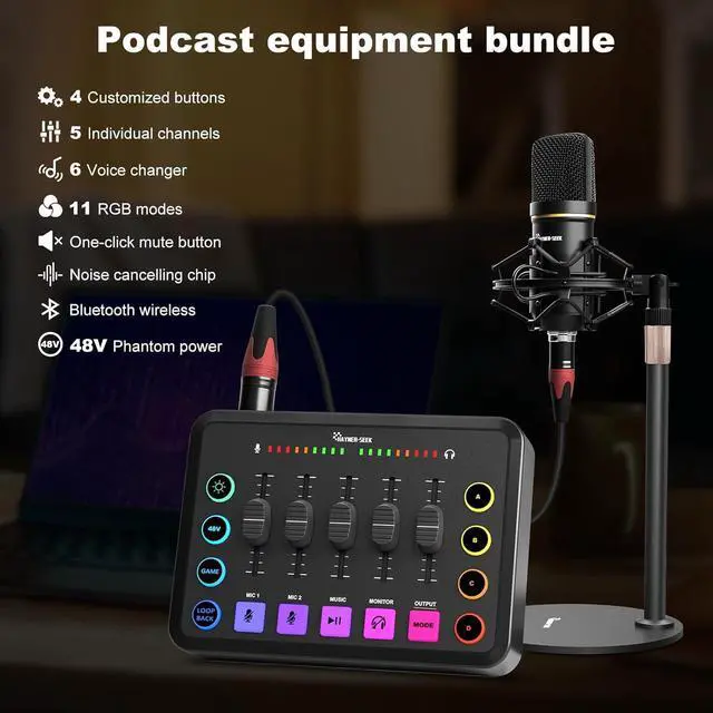 Alt view image 6 of 7 - Podcast Equipment Bundle for 2, Audio Interface with XLR Condenser Microphone, and 3.5mm Mic,RGB, Bluetooth, Mute,48V Phantom Power for Streaming,Gaming,Recording-Black