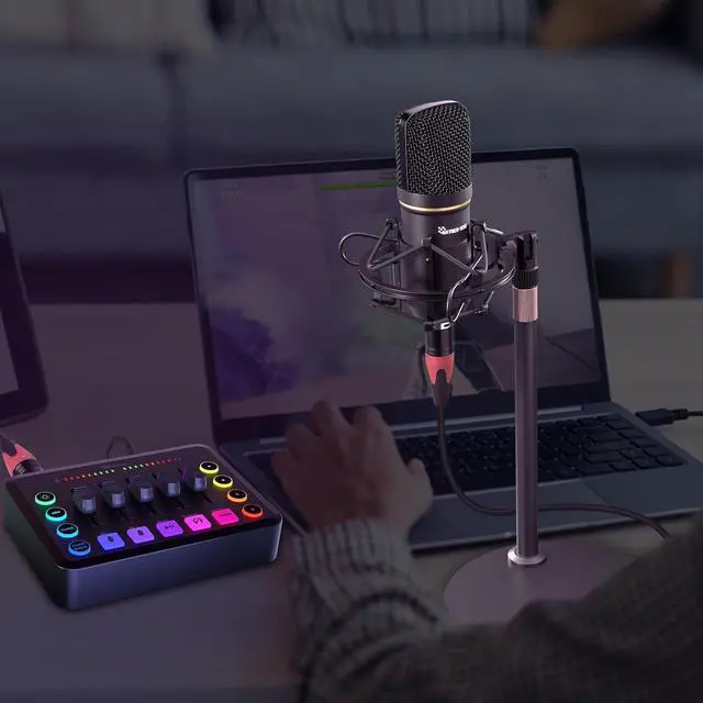 Alt view image 7 of 7 - Podcast Equipment Bundle for 2, Audio Interface with XLR Condenser Microphone, and 3.5mm Mic,RGB, Bluetooth, Mute,48V Phantom Power for Streaming,Gaming,Recording-Black