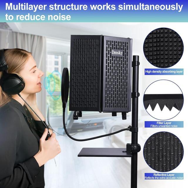 Alt view image 4 of 7 - Microphone Isolation Shield with Pop Filter & Tripod Stand, Foldable Mic Shield with Triple Sound Insulation, High Density Mic Sound Shield for Recording Studio, Podcasts, Singing, Broadcasting
